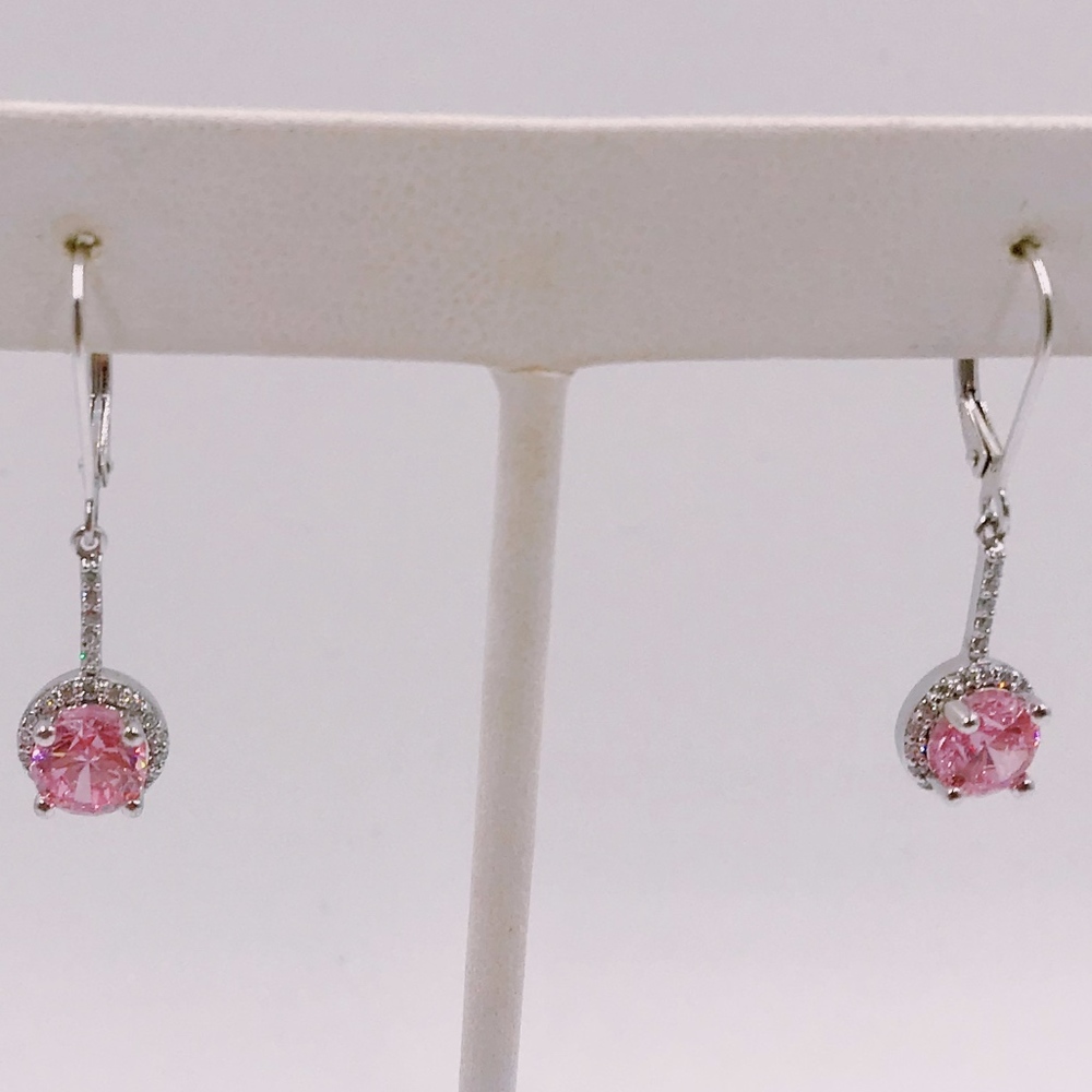 Pink CZ + White CZ Sterling Silver Drop Earrings - Picture 2 of 5